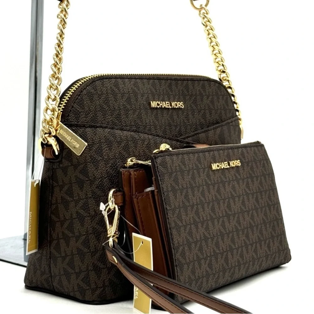 MICHAEL KORS Jet Set Travel Medium Dome Crossbody Bag & Double Zip Wallet Brown